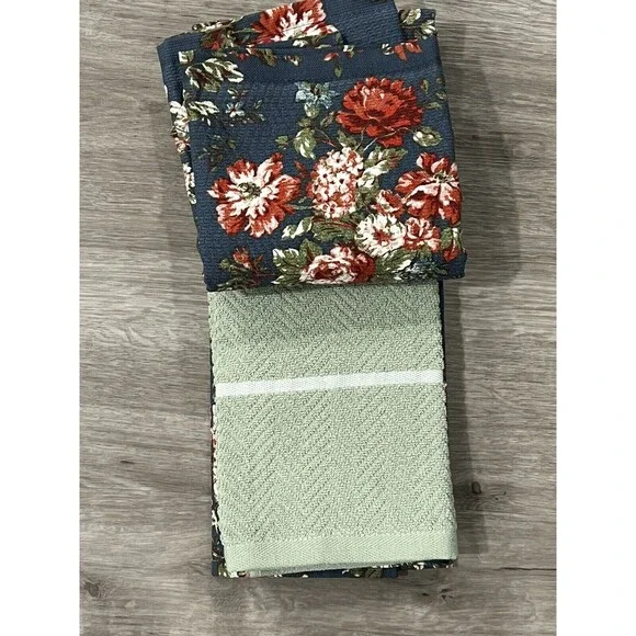 Ralph Lauren Kitchen Towels 3 PC Set Cotton Blue Floral & Solid Green Festive